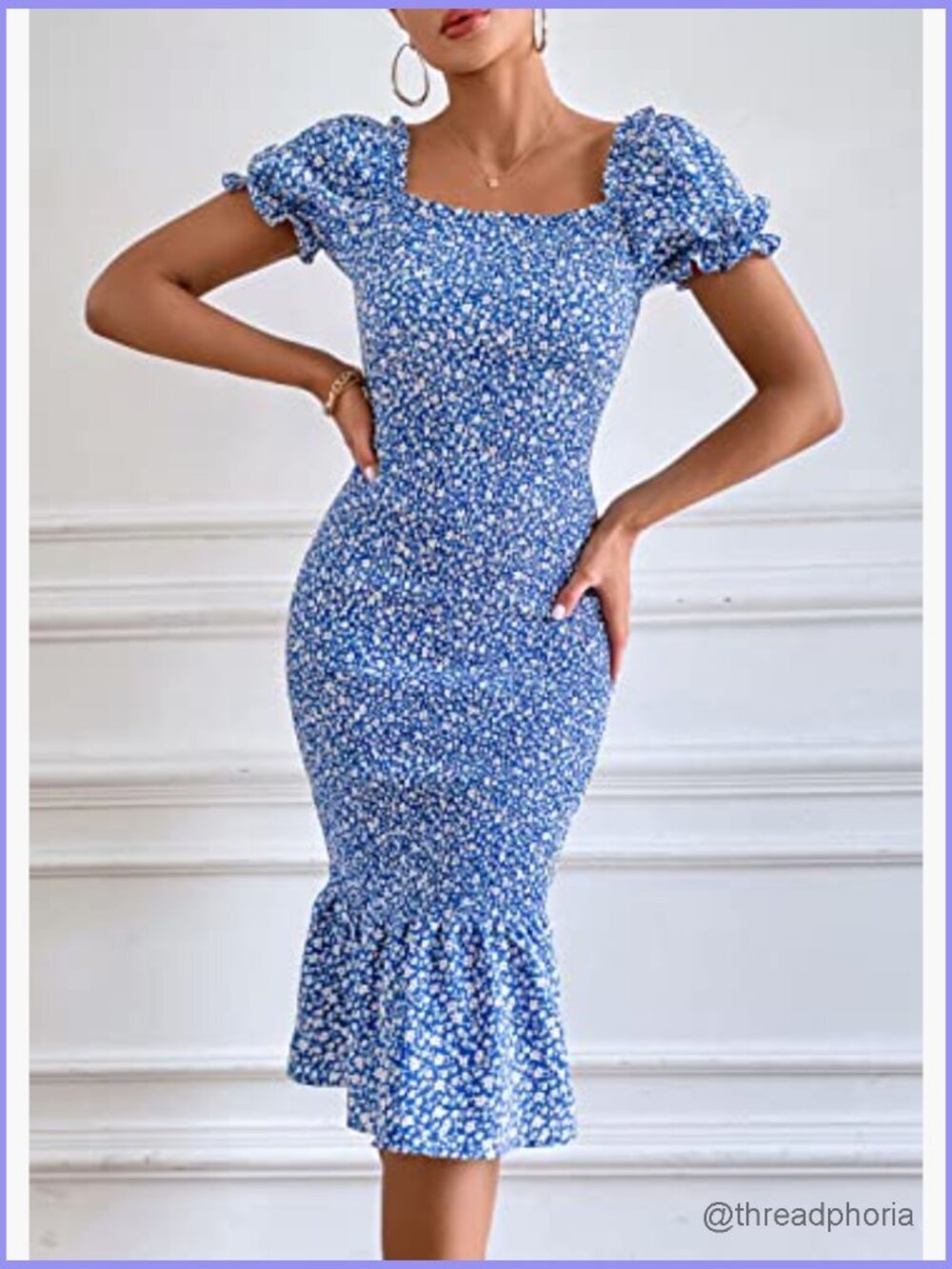 Floral Bodycon Midi Dress Puff Sleeve Mermaid Cocktail Party Dress - Picture 2 of 7